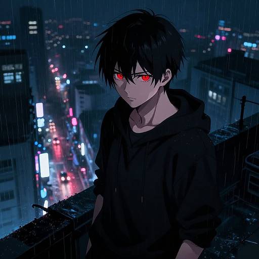 Anime-style digital drawing of a brooding young man with glowing red eyes, black hair, and hoodie, standing on a rainy rooftop overlooking a brightly lit