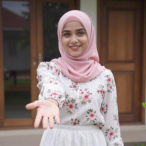 Photograph of a smiling young Muslim woman with light brown skin, pink hijab, white floral blouse, and white skirt, extending her right hand forward