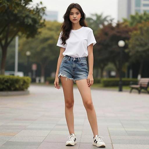 Photograph of a young woman with long dark hair, wearing a white t-shirt, blue denim shorts, and white sneakers, standing on a tiled urban