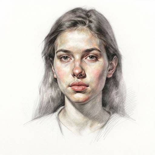 Digital portrait of a young woman with long, dark hair, fair skin, and subtle pink blush. White background, realistic style.