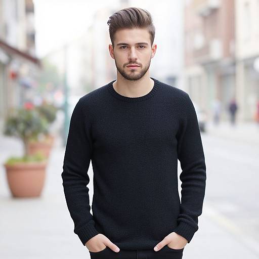 Photograph of a handsome, bearded man with dark brown hair, wearing a black knitted sweater, standing in a blurred urban street with potted