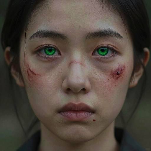Close-up photograph of a young Asian woman with striking green eyes, bruised and scratched face, dark hair, and serious expression.