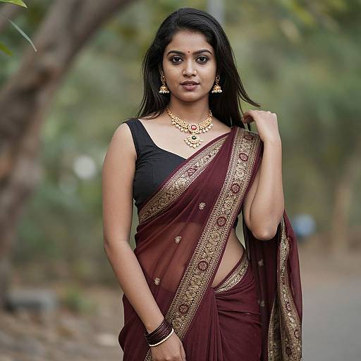 Photograph of an Indian woman with long black hair, wearing a maroon saree with gold embroidery, black top, gold jewelry, and earrings,