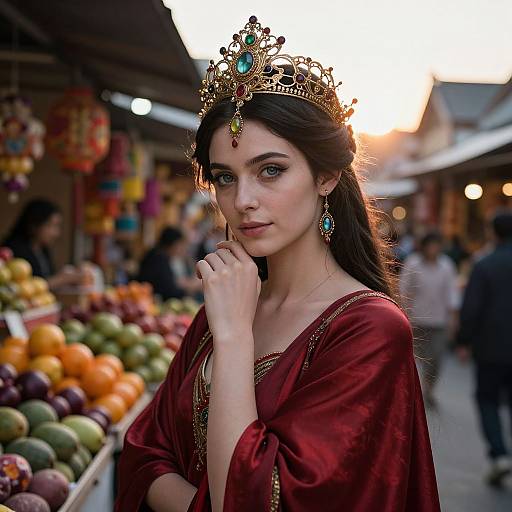 Photograph-style digital art of a fair-skinned, blue-eyed queen with long brown hair, wearing a golden crown with jewels, red velvet gown,
