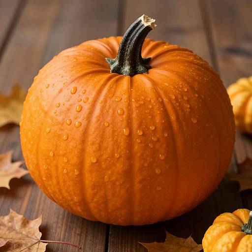 Dewy Pumpkin on Autumn Table