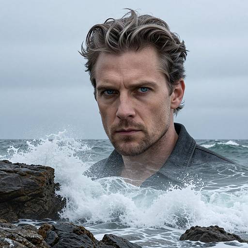 Photograph of a serious, blue-eyed, bearded man with wet, tousled hair, standing in turbulent ocean waves with rocky shoreline. Overcast