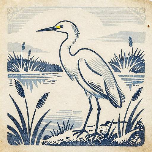 Woodcut Print of Snowy Egret in Winter Marsh