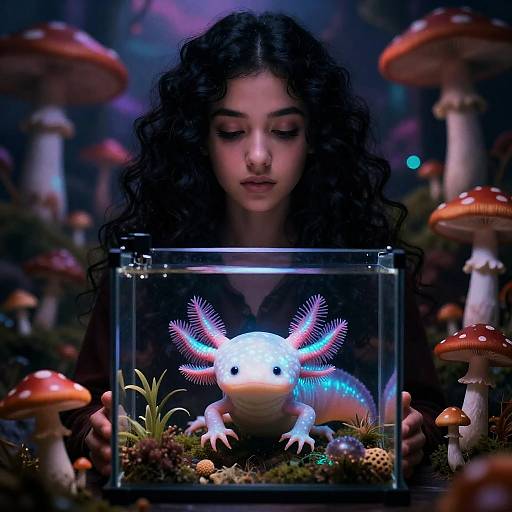 Psychedelic Girl with Bioluminescent Axolotl