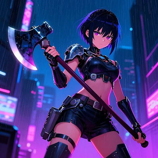 Digital anime art of a fierce, black-haired woman in leather armor, wielding a glowing axe in a neon-lit, rainy cityscape.