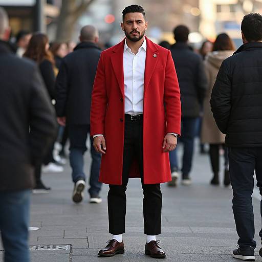 Photograph of a bearded man with dark hair, wearing a bright red long coat over a white shirt and black pants, standing in a bustling city
