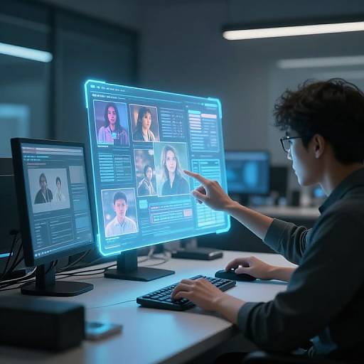 Photograph of a curly-haired man in glasses using a dual-monitor workstation with glowing blue interfaces, pointing at a photo on the larger screen in a modern