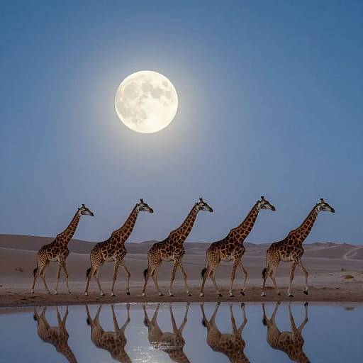 Photograph of five giraffes walking in a row under a full moon, reflecting in a calm water pool, in a desert landscape.