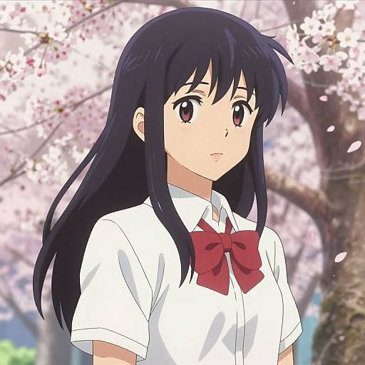 Digital anime-style drawing of a teenage girl with long black hair, wearing a white shirt with a red bow, standing in front of cherry blossom trees.