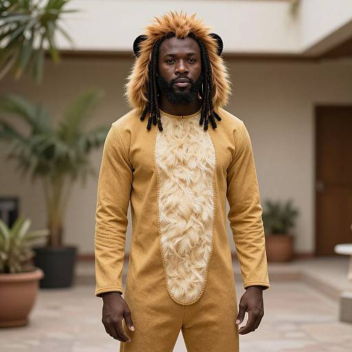 Photograph of a tall, muscular Black man with dreadlocks, wearing a lion costume with a furry chest and mane, standing in a potted plant