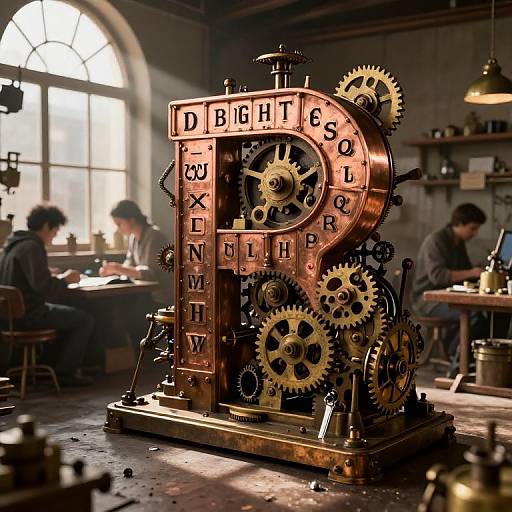 Photograph of an intricate, coppery, gear-filled, alphabet letter 