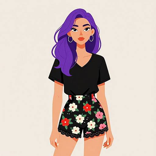 Stylish Woman in Floral Shorts and Black T-shirt