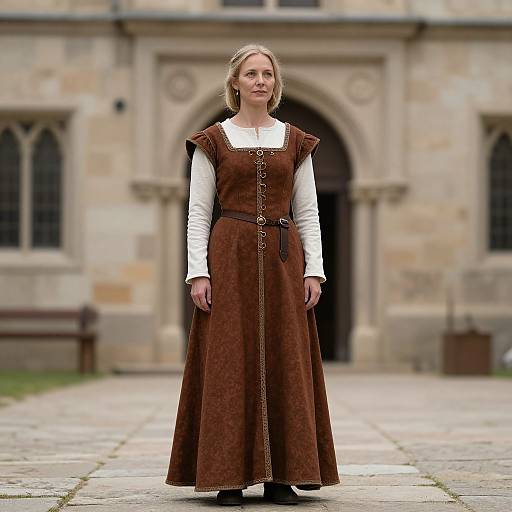 Photograph of a blonde woman in a medieval-style brown dress over a white long-sleeve shirt, standing in front of a stone building with ar