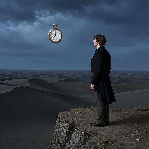 Photograph of a curly-haired man in a black suit standing on a cliff, staring at a floating pocket watch against a dark, cloudy sky over desert