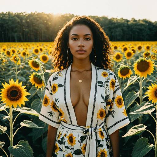 Young Caribbean Woman in Sunflower Field