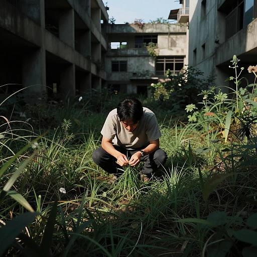 Man Eating Grass in Dystopian Garden