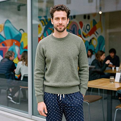Photograph of a handsome bearded man with dark curly hair, wearing a green sweater and navy polka dot pants, standing in a colorful, graffiti