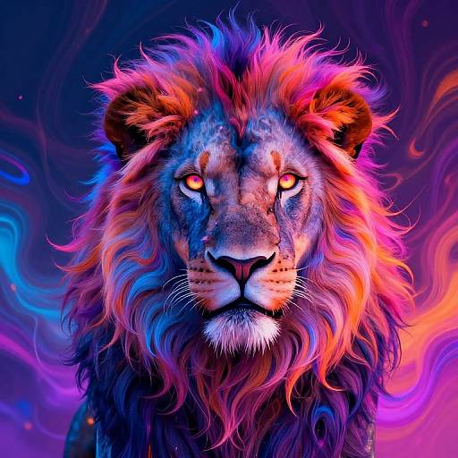 Digital artwork of a majestic lion with vibrant, neon-colored mane, glowing yellow eyes, and swirling purple and pink background.