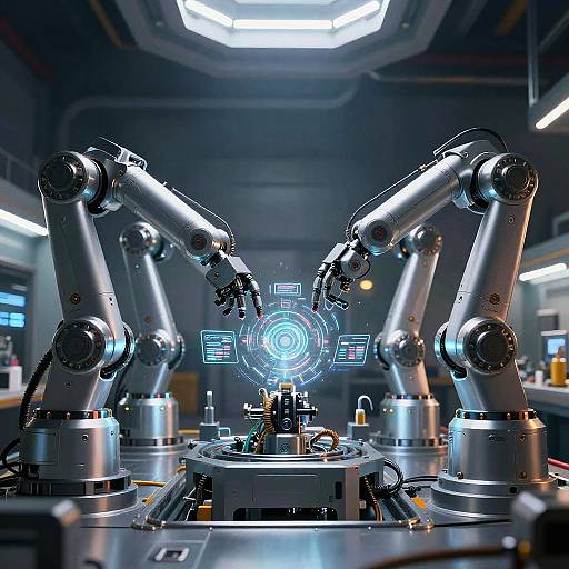 Futuristic Robotic Arms Assembling Machinery