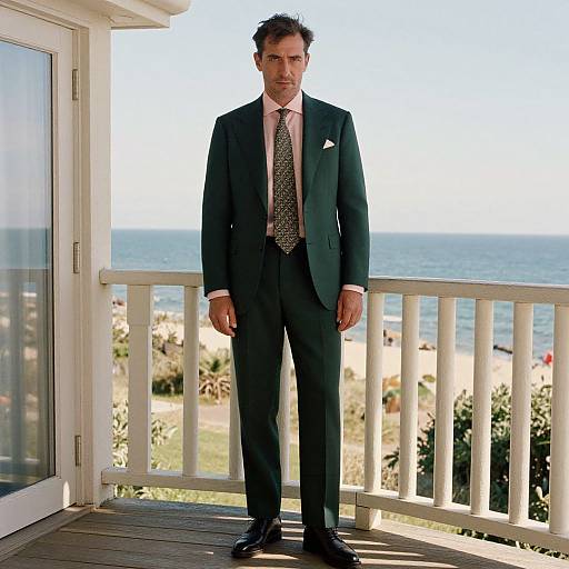 Photograph of a tall, white man with curly brown hair, in a dark green suit, white shirt, patterned tie, standing on a balcony