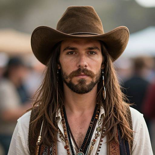 Photograph of a rugged, bearded man with long brown hair, wearing a wide-brimmed brown hat, white shirt, and ornate bead