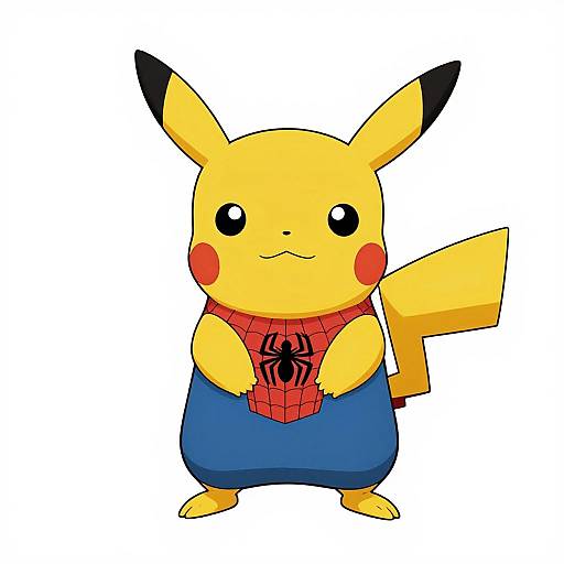 Digital drawing of Pikachu wearing a red Spider-Man mask and blue pants, holding the mask with yellow paws. Pikachu has a cute, smiling expression,