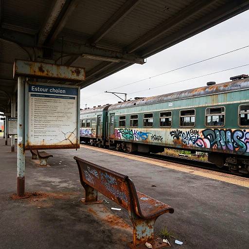 Photograph of an urban, graffiti-covered train station with rusted benches, a weathered signpost, and a graffiti-tagged train on the platform