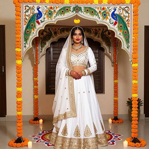 Indian bride in white and gold lehenga, red bindi, and veil, standing under peacock-decorated floral arch, surrounded by marig