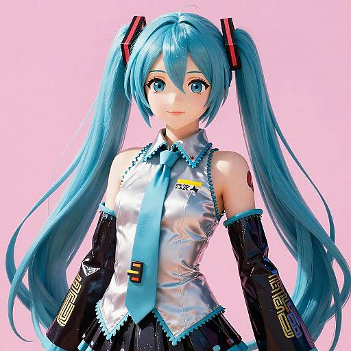 Digital art of Hatsune Miku with long turquoise twin-tails, wearing a shiny silver sleeveless top, black skirt, and blue tie, against