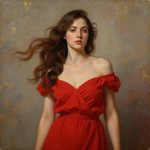 Photorealistic painting of a fair-skinned woman with long, wavy brown hair wearing an off-shoulder red dress, standing against a textured