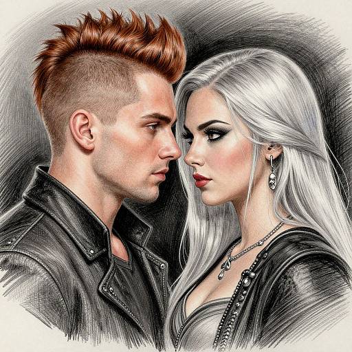 Digital drawing of a handsome man with spiked brown hair and a beautiful woman with silver hair, both wearing black leather jackets, gazing intensely at each other