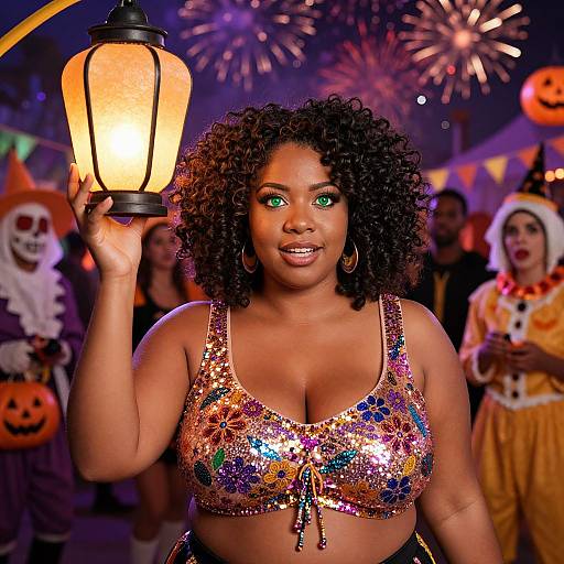 Photograph of a curvy Black woman with curly hair, wearing a sparkly, multicolored sequin bra, holding a lantern, in a