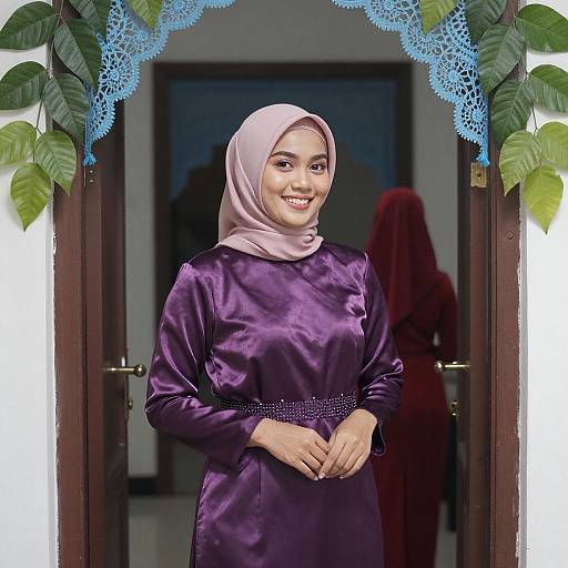 Smiling Southeast Asian Woman in Purple Satin