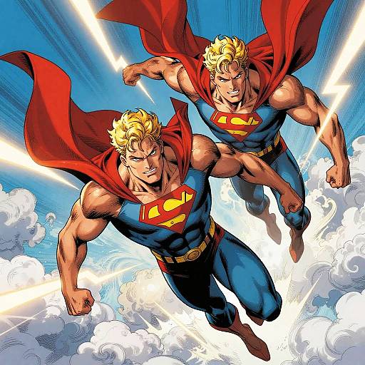 Digital comic art of two muscular, blonde Superman clones in blue suits with red capes and yellow 'S' logos, flying through bright blue sky with