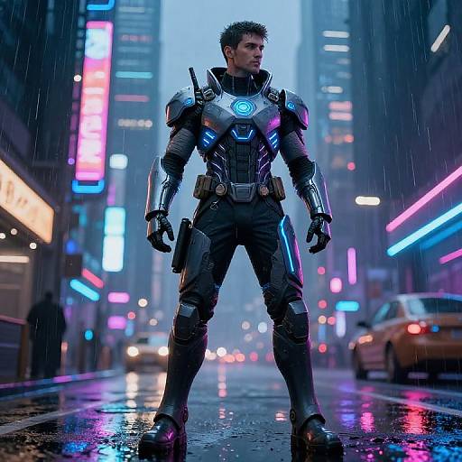 Futuristic Cyberpunk Warrior in Neon City