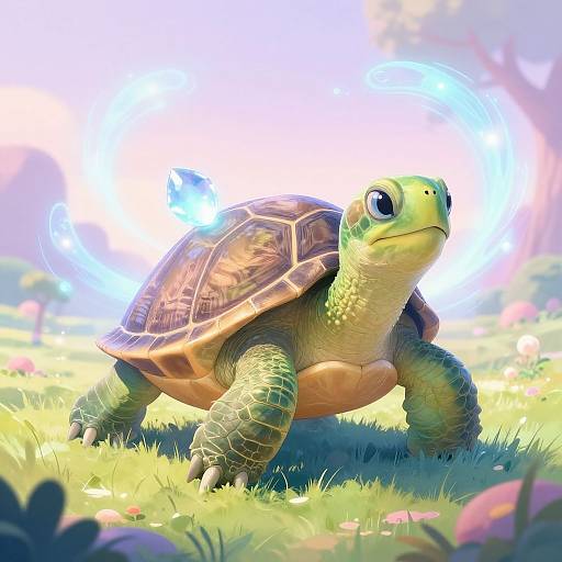 Digital artwork of a green tortoise with a detailed brown shell, standing in a sunlit, colorful meadow with blooming flowers. Blue light swirl