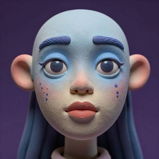 Digital 3D art of a blue-skinned, bald, wide-eyed, cartoonish girl with dark blue eyebrows, long blue hair, and purple