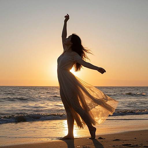 Silhouette of a woman in a flowing dress dancing on a beach at sunset, with the sun glowing behind her.