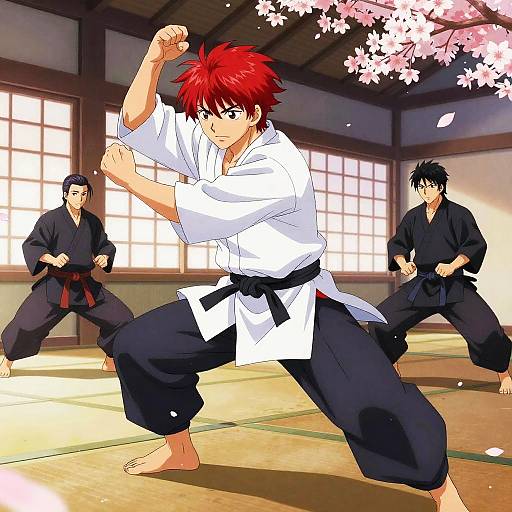 Anime-style drawing of a red-haired karate practitioner in a white gi, striking a fighting stance, with two black-gi opponents in a traditional Japanese