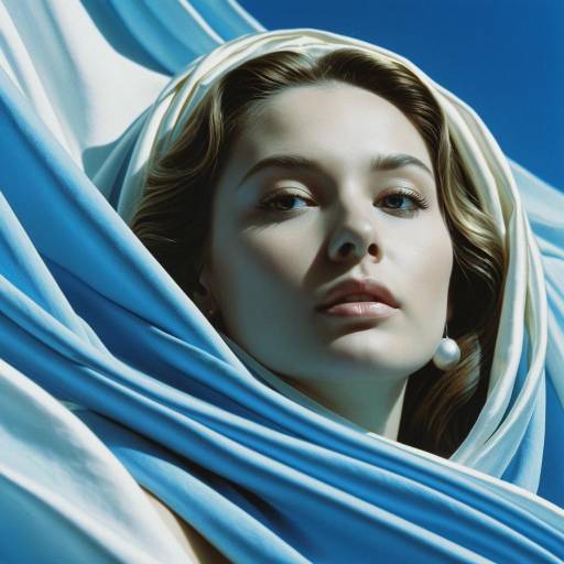 Surreal Woman's Face Draped in Flowing Azure and White Sheets
