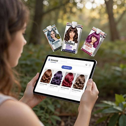 Photograph of a woman with brown hair in a forest, holding a tablet displaying three hair magazine covers floating above the screen.