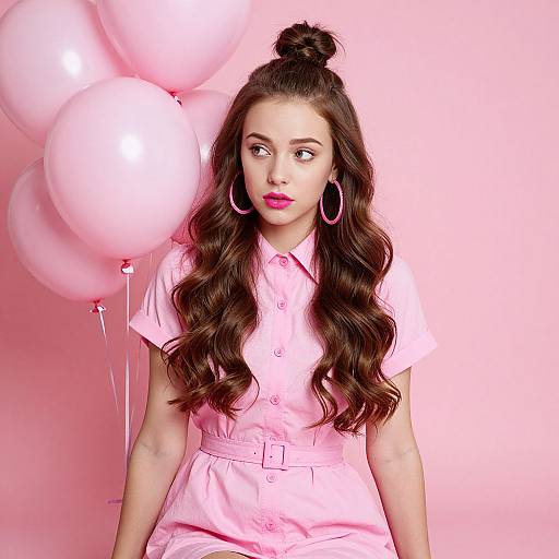 Young Woman Among Pink Balloons