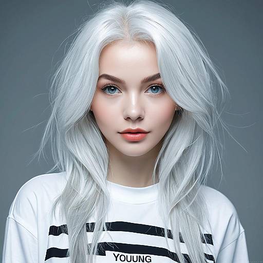 Digital CGI portrait of a fair-skinned woman with long, silver-white hair, blue eyes, wearing a white striped shirt, against a gray background.