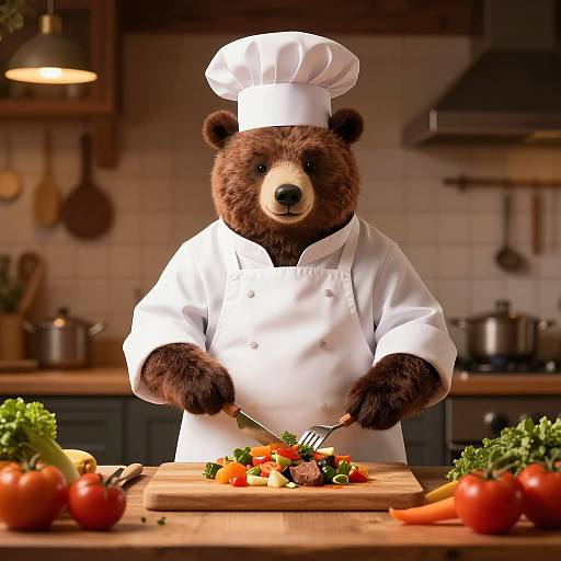 Photograph of a brown bear in a white chef's uniform and hat, chopping colorful vegetables on a wooden cutting board in a warmly lit kitchen.