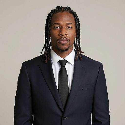 Photograph of a serious Black man with medium brown skin, long black dreadlocks, wearing a black suit, white shirt, and black tie, against