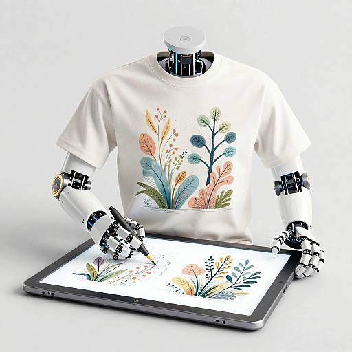 Photograph of a robotic mannequin wearing a white shirt with colorful floral design, drawing same pattern on a tablet.